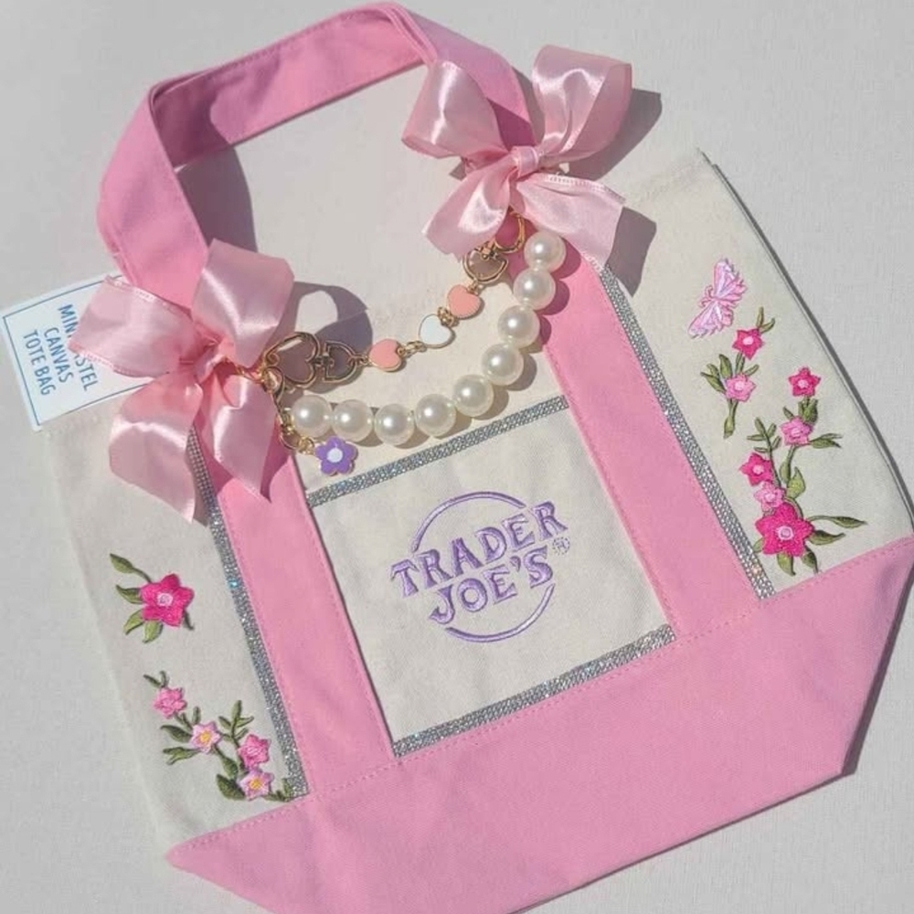 TRADER JOES PINK MINI TOTE w/ Pearl, Rhinestone, Charms, Chains, Floral Patches